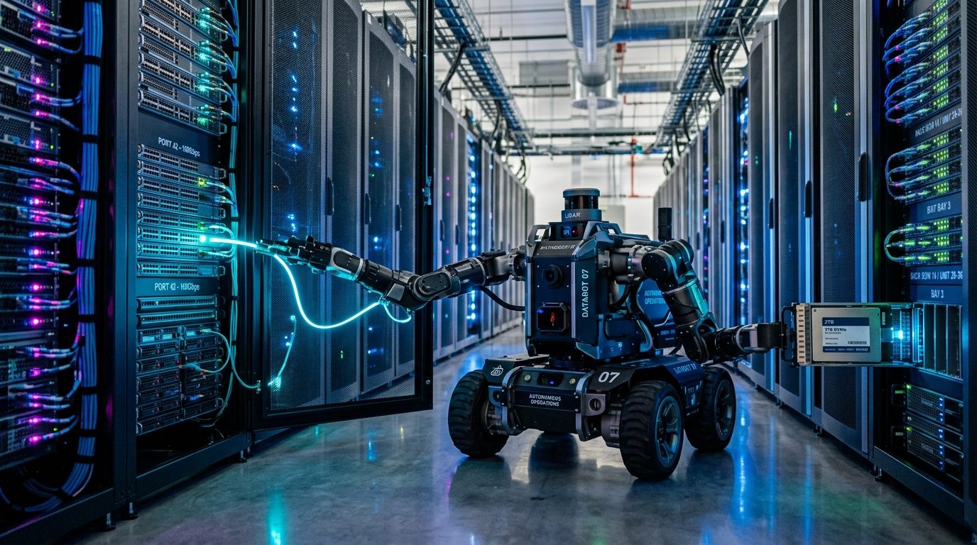 Autonomous robotic manipulator rover servicing server racks and plugging optical fiber