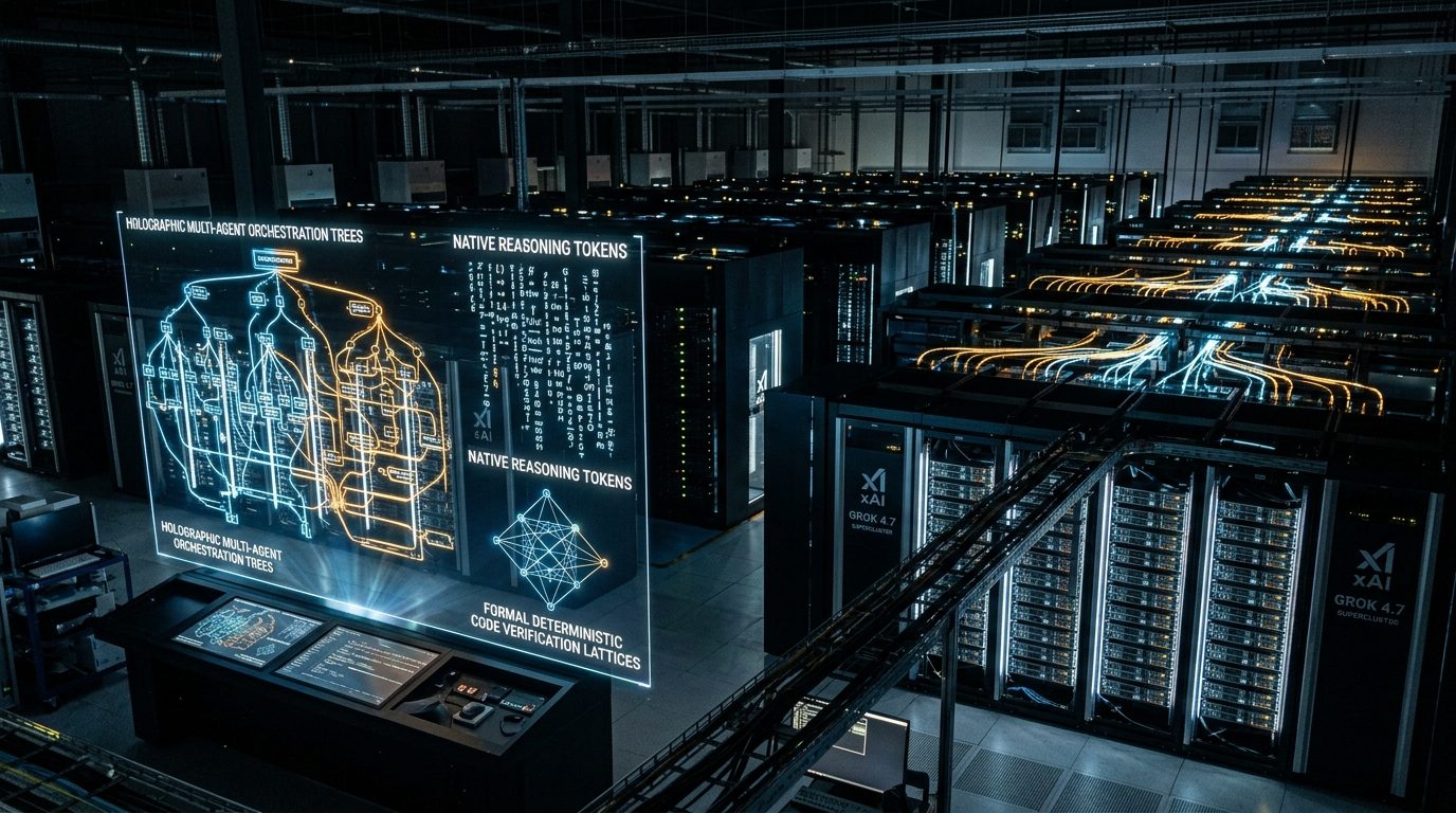 xAI Grok 4.7 supercluster server racks with holographic multi-agent orchestration trees, native reasoning tokens, and formal deterministic code verification lattices