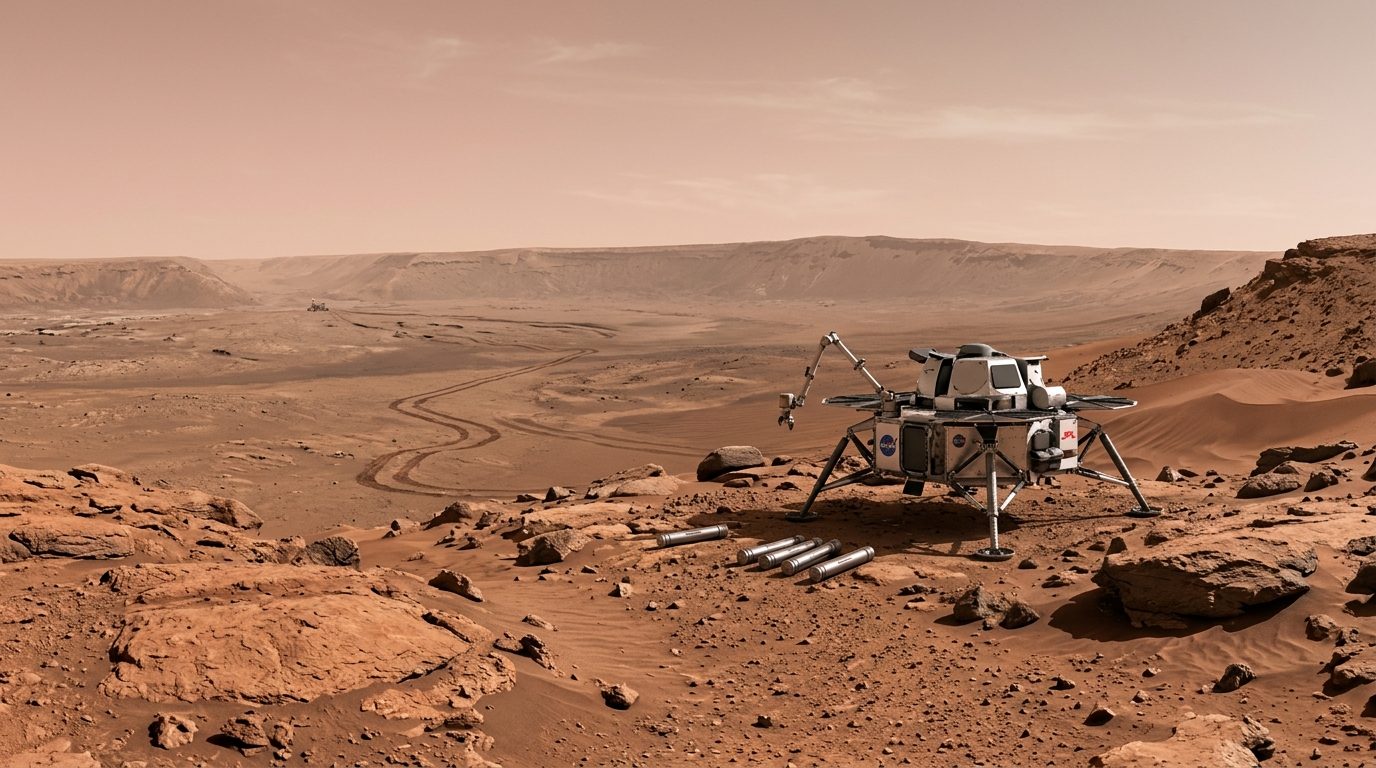 Cinematic panorama of Mars Jezero Crater showing a dormant sample retrieval lander, sealed sample tubes, and rover tracks across red Martian dunes
