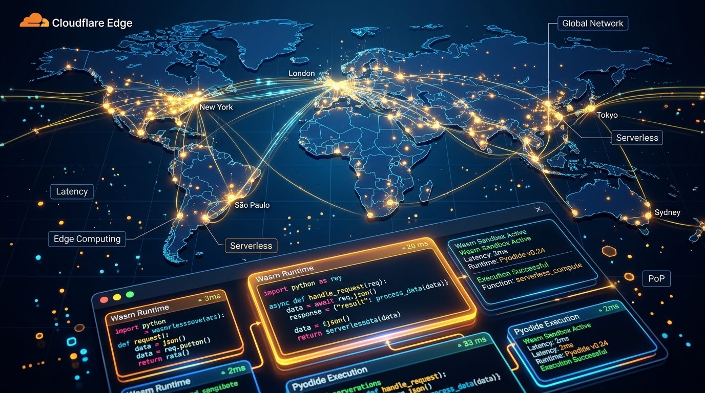 Cloudflare global edge network map with glowing PoP locations, WebAssembly Pyodide runtime containers, and serverless Python execution sandboxes