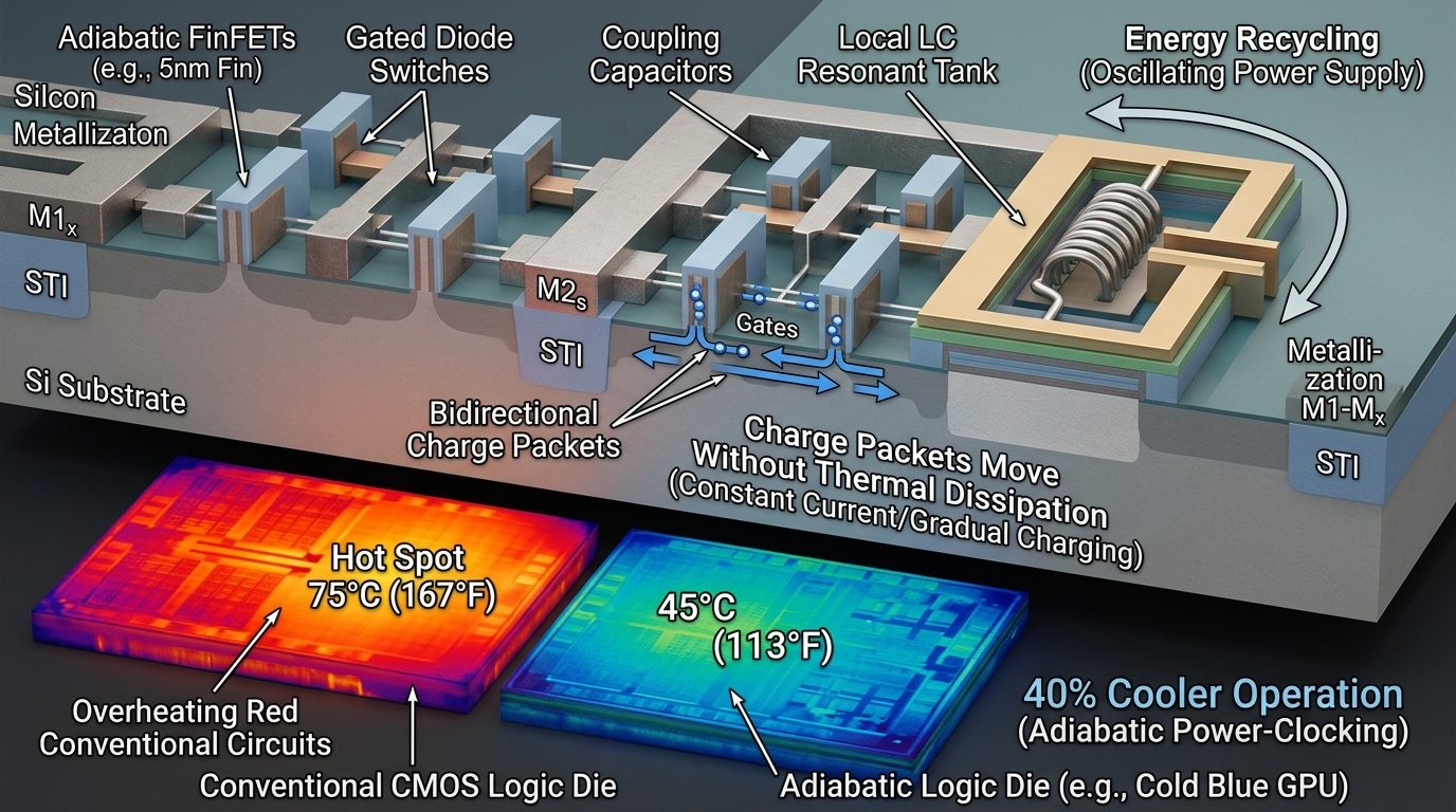 Adiabatic semiconductor logic schematic and infrared thermal comparison showing 40% cooler operation