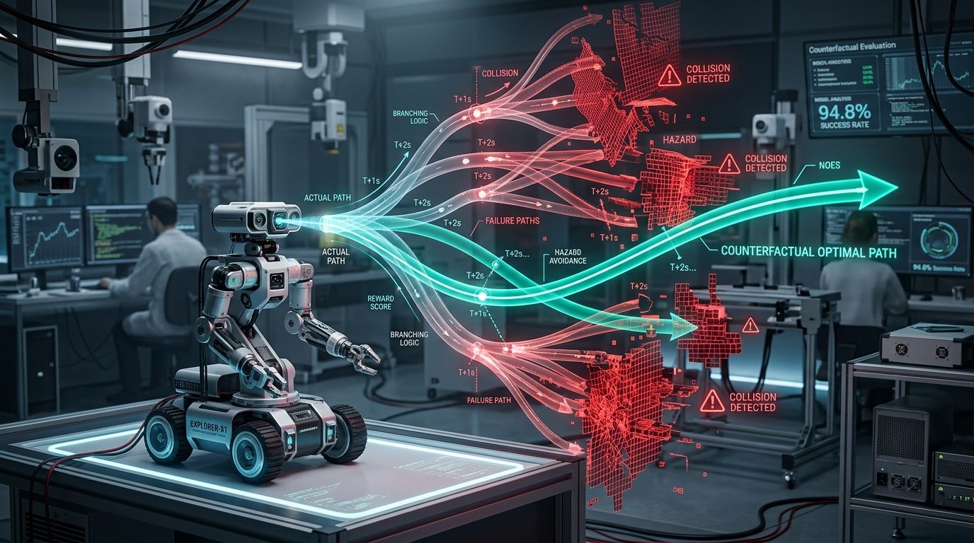 Robotics agent projecting holographic branching counterfactual trajectories to evaluate safety