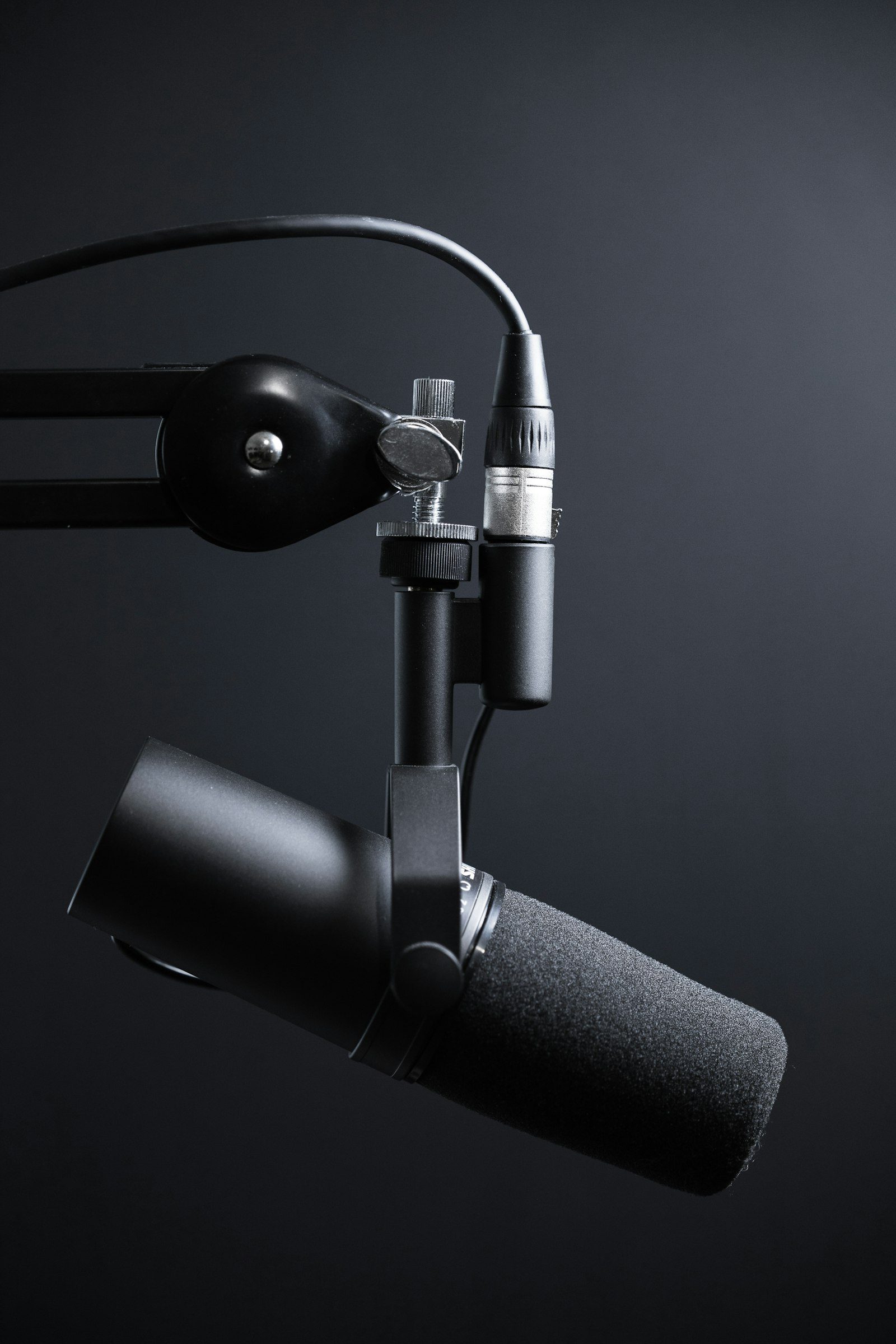 A professional studio broadcast microphone set against an acoustic soundstage for real-time speech synthesis evaluation.