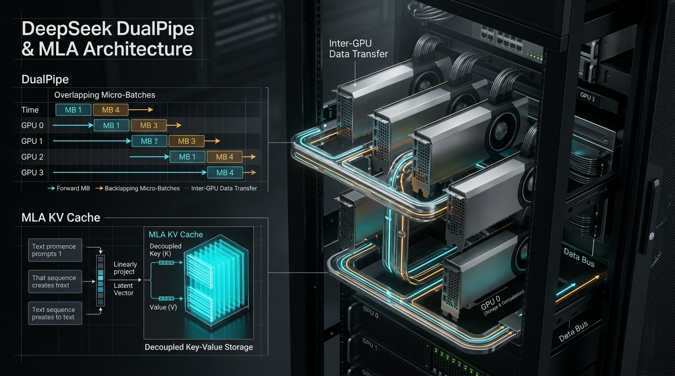 DeepSeek DualPipe and Multi-Head Latent Attention architectural diagram with decoupled KV cache
