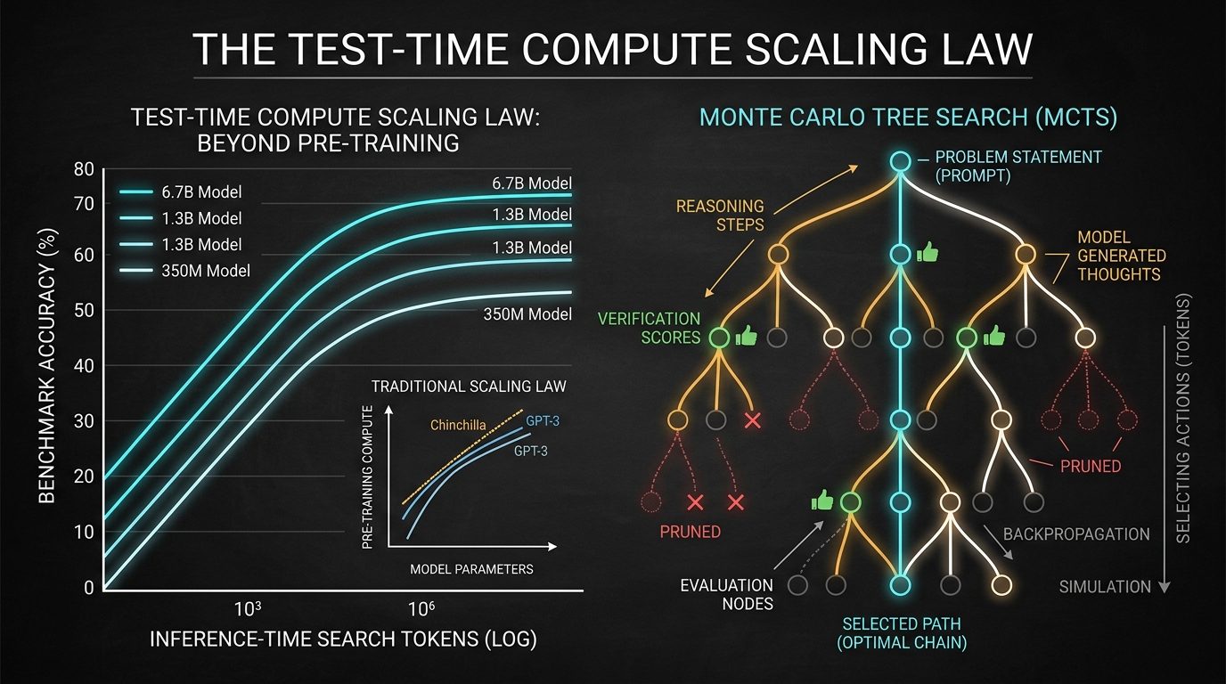 OpenAI Test-Time Compute scaling curve and Monte Carlo tree search reasoning diagram