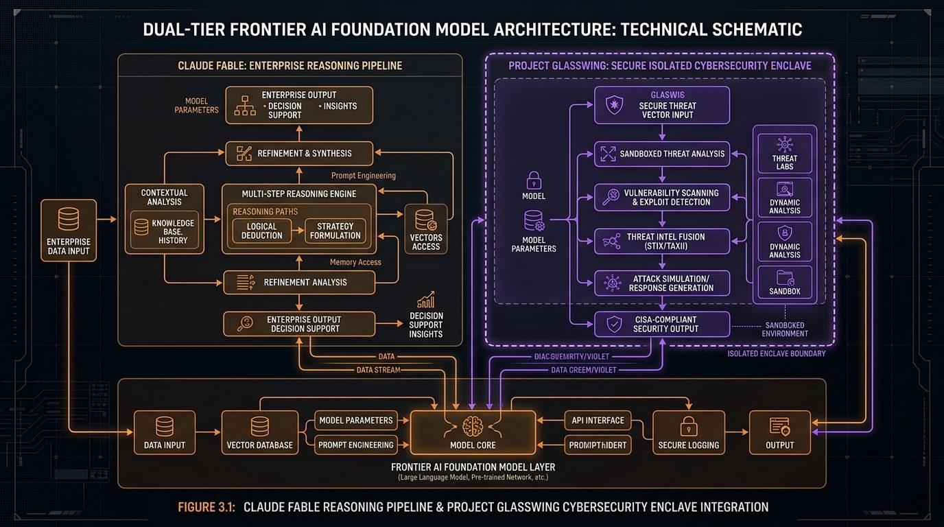 Dual-tier architecture schematic of Claude Fable 5.1 enterprise reasoning pipeline alongside Project Glasswing isolated cybersecurity enclave