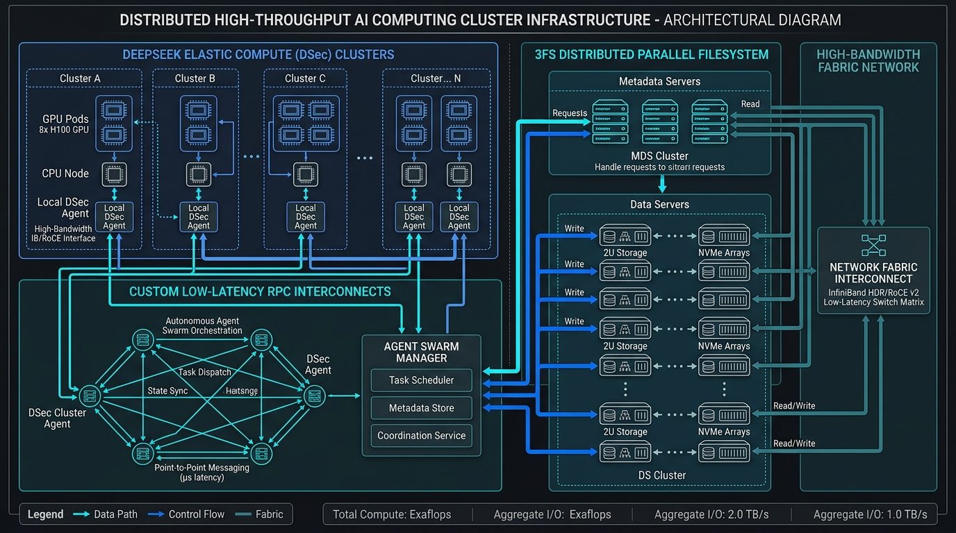 DeepSeek DSec Elastic Compute architecture schematic showing 3FS distributed parallel filesystem and custom low-latency RPC interconnects orchestrating agent swarms