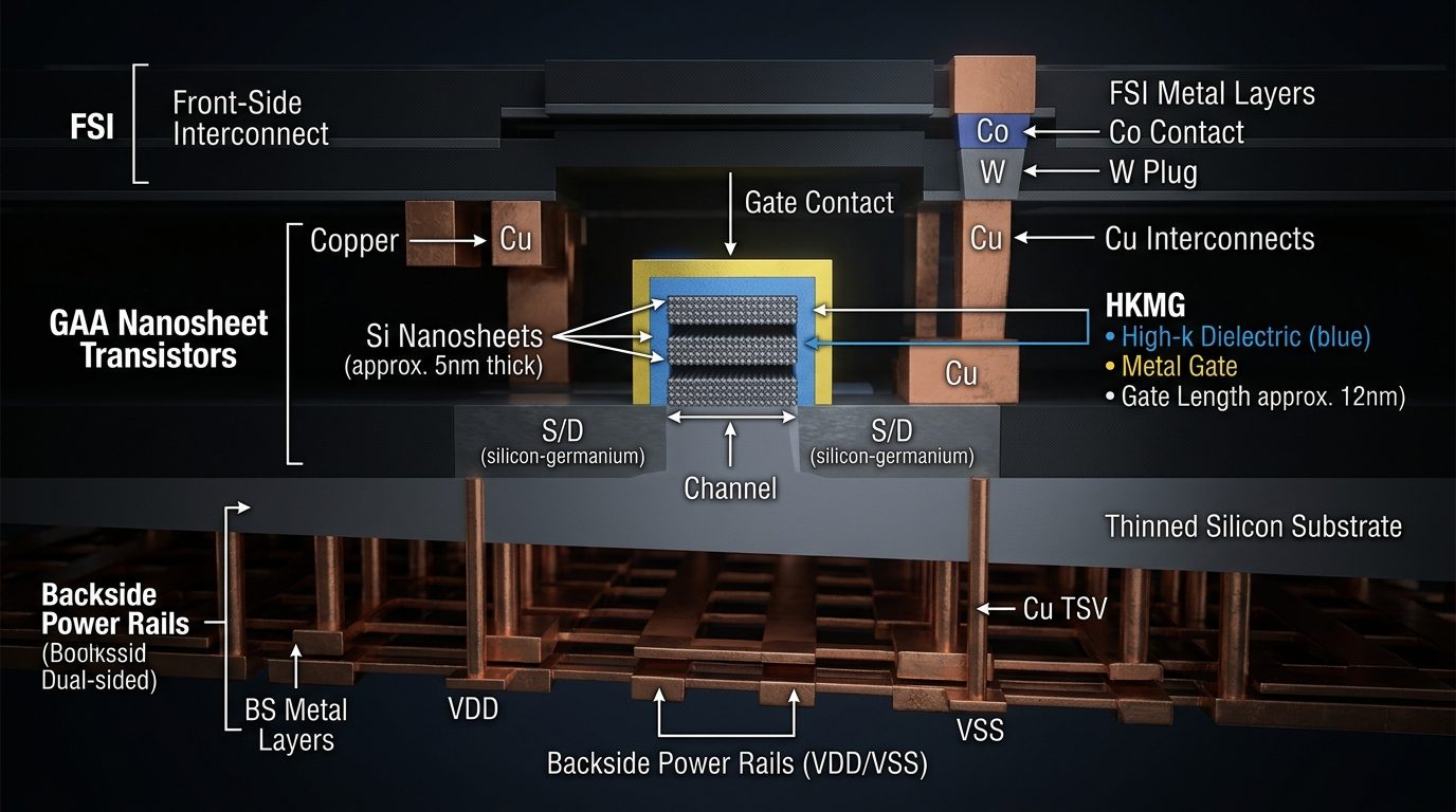 Semiconductor engineering cross-section of Gate-All-Around GAA nanosheet transistors with Backside Power Delivery Network (BSPDN) and Super Power Rail interconnects