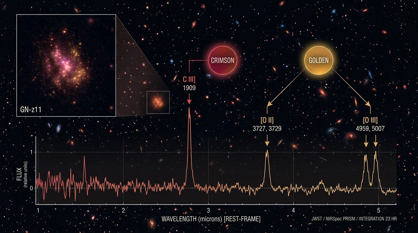Deep space James Webb Space Telescope NIRSpec infrared spectrum showing carbon and oxygen emission lines from primordial galaxy J1120 at redshift z=8.6