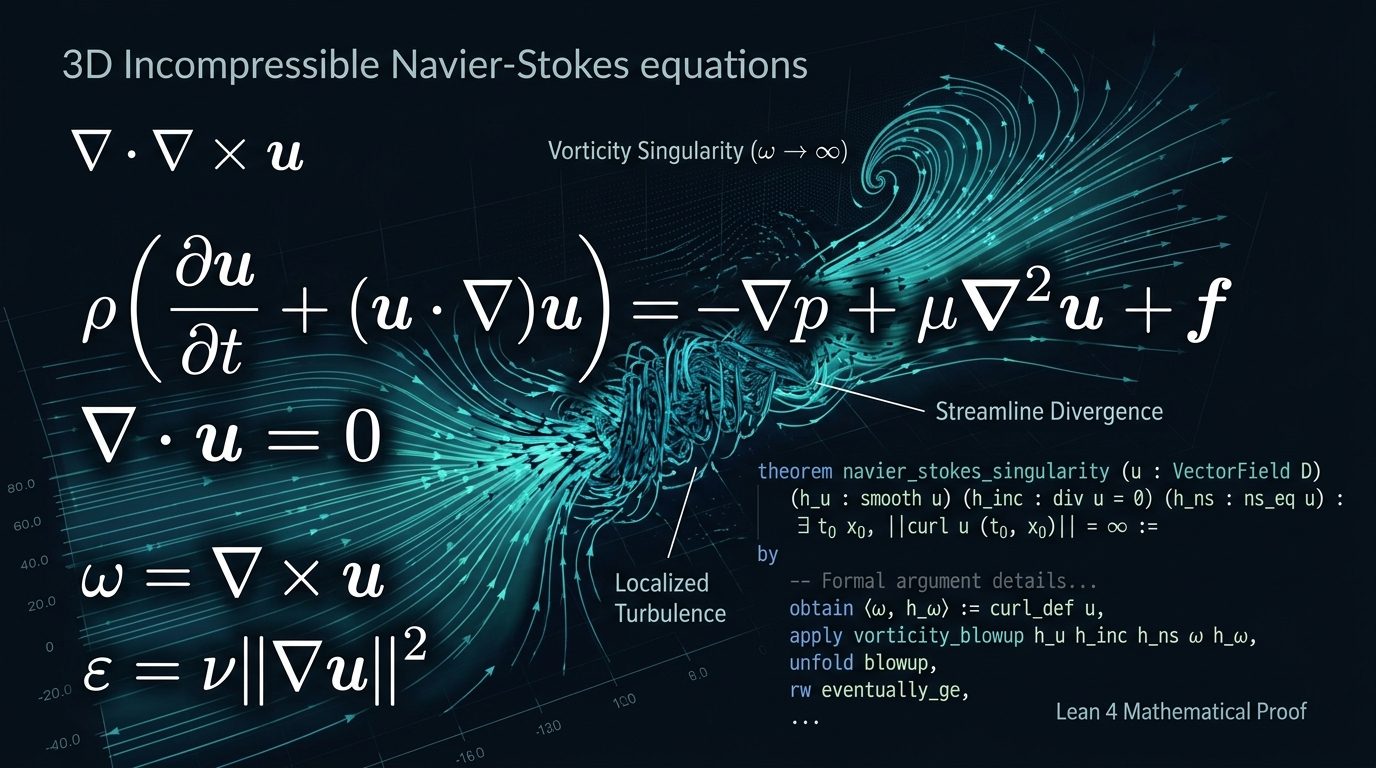 Mathematical visualization of 3D incompressible Navier-Stokes equations and Lean 4 formal proof syntax indicating finite-time vorticity singularity