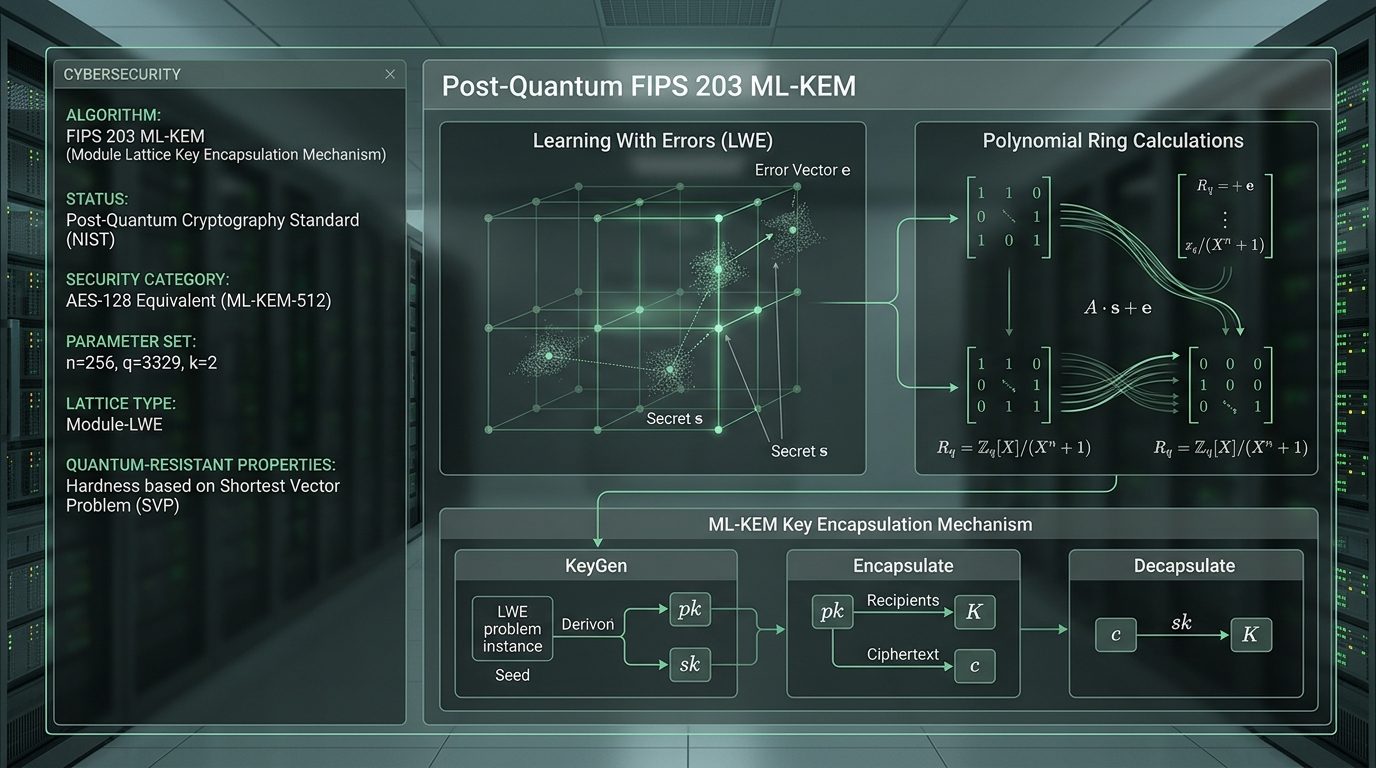 Post-quantum lattice cryptography terminal display and FIPS 203 ML-KEM Module-LWE encryption architecture diagram