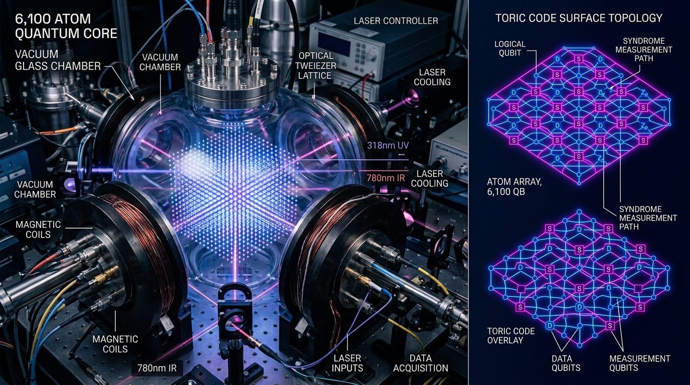 Harvard and QuEra 6,100 neutral-atom quantum core with 3D optical tweezer laser traps and toric code logical surface topology