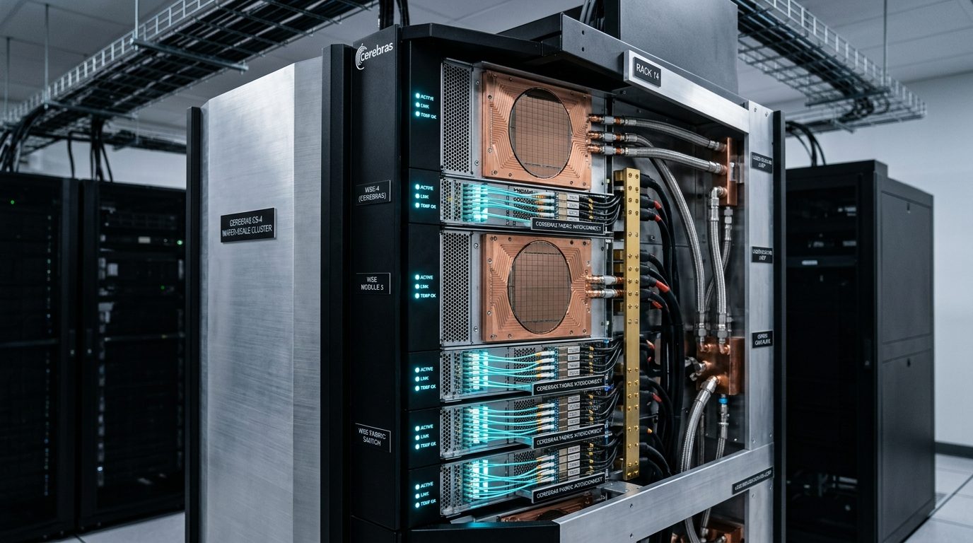 Cerebras CS-4 liquid-cooled wafer-scale AI supercomputer rack featuring four 300mm silicon wafer engines with direct optical memory fabric