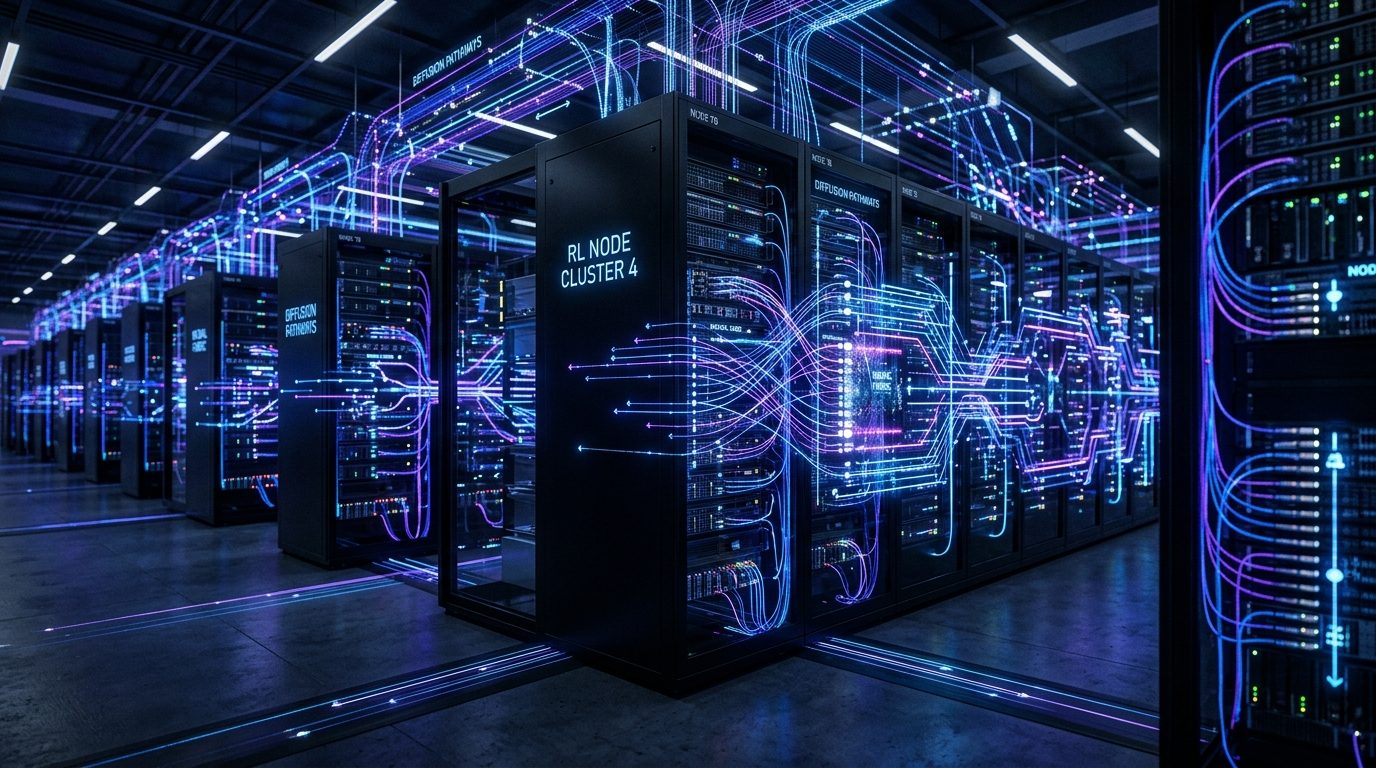 Futuristic neural compute cluster demonstrating distributed reinforcement learning and diffusion reasoning pathways