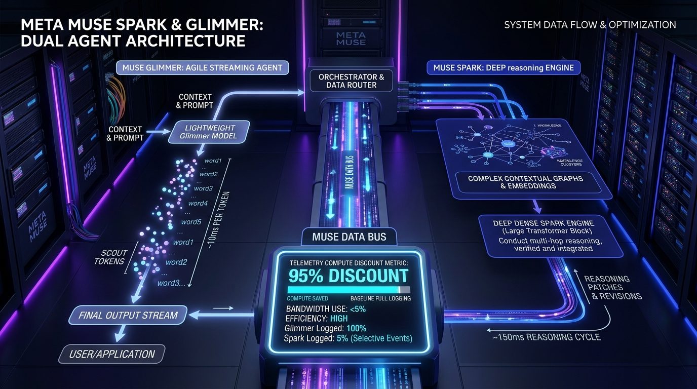 Meta Muse dual-agent pipeline diagram showing fast Glimmer streaming and dense Spark reasoning core