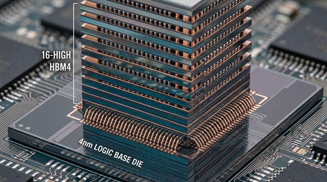 Microscopic cross-section of 16-high HBM4 high-bandwidth memory cube bonded to a 4nm logic base die via Cu-Cu hybrid bonding