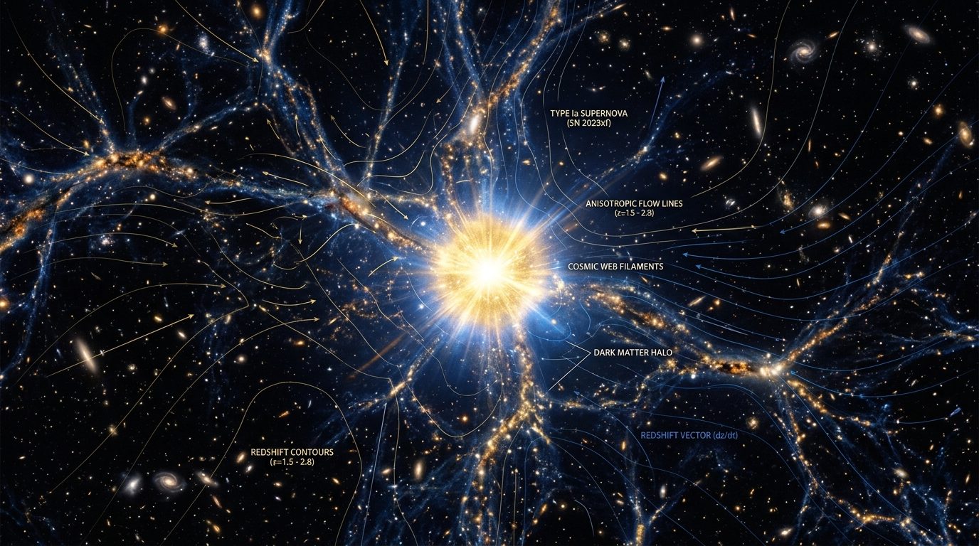 Astronomical rendering of Type Ia supernova illuminating cosmic filaments with anisotropic cosmological velocity contours