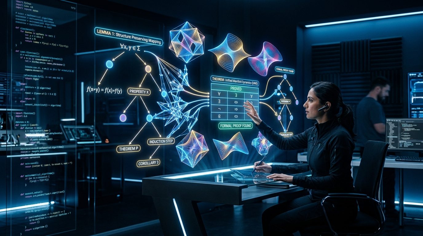 Mathematical research environment visualizing formal Lean 4 lemma discovery and theorem proving within Gemini 3 Deep Think