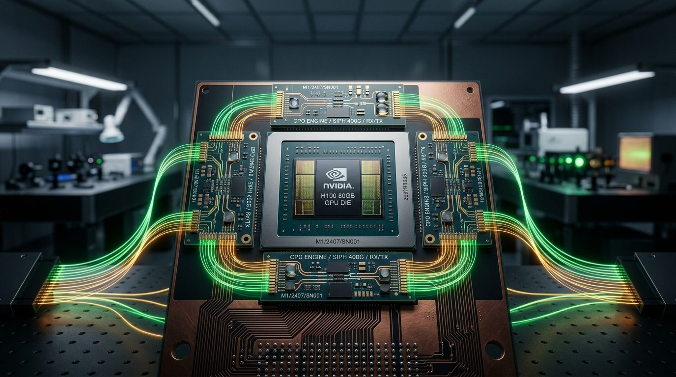 1.6 Terabit silicon photonics co-packaged optics engine mounted directly onto advanced GPU package substrate with optical fibers