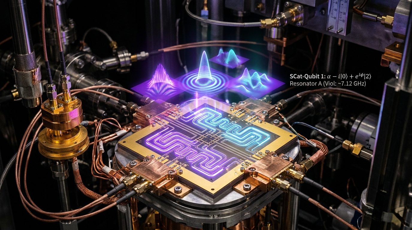Superconducting bosonic cat qubit resonator chip demonstrating autonomous bit-flip noise suppression in dilution refrigerator
