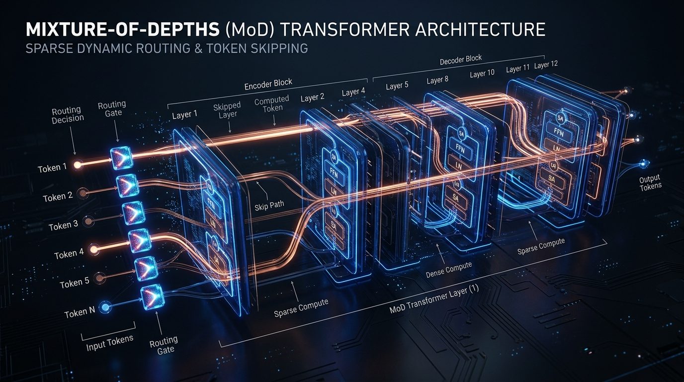 Mixture-of-Depths transformer architecture routing tokens dynamically through sparse layers for inference acceleration