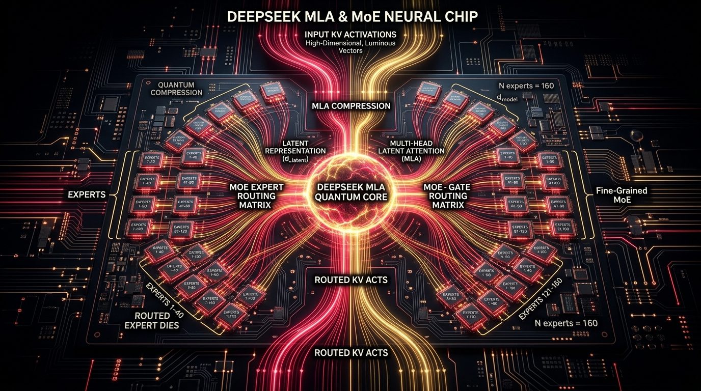 DeepSeek-V4.1-Flash neural architecture visualizing Multi-Head Latent Attention compression and 160 fine-grained MoE routed experts