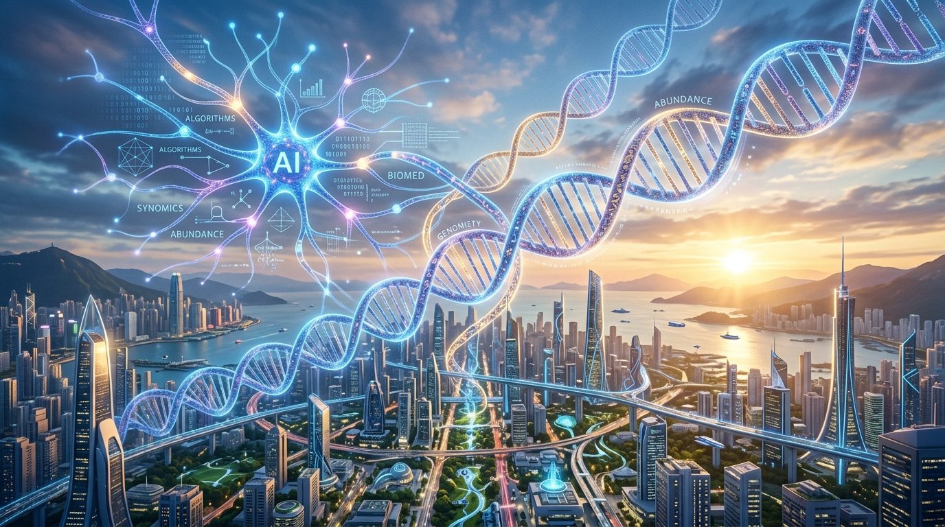 Futuristic conceptual visualization of frontier artificial intelligence governance, neural algorithms, biosecurity DNA helices, and technology pacing above a metropolis