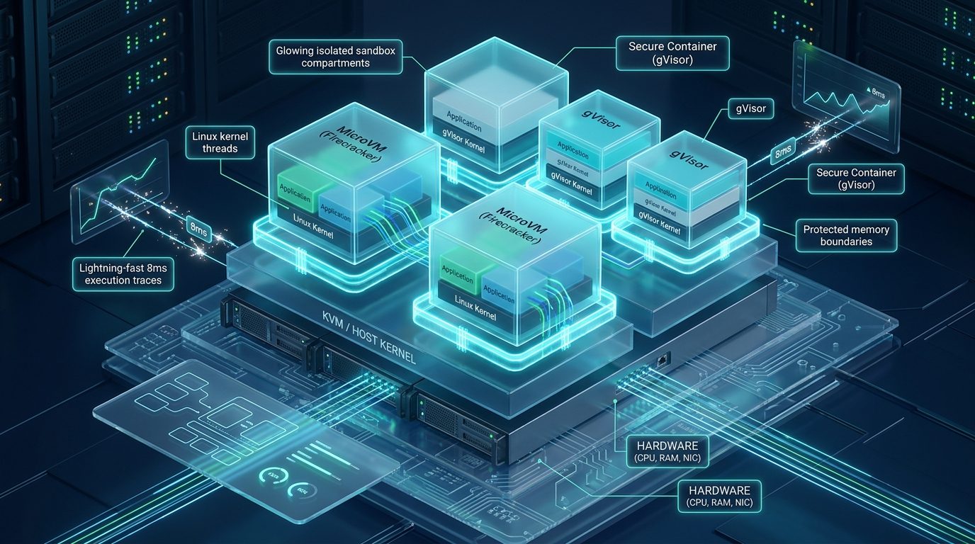 Isometric systems architecture visualization of containerized Firecracker MicroVMs, gVisor security layers, and sub-millisecond execution traces