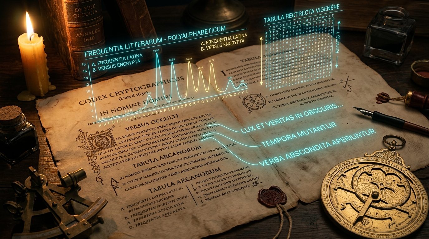 Scholarly composition showing a 17th-century Latin cryptographic manuscript, Tabula Recta Vigenère matrix, and mathematical letter-frequency curves