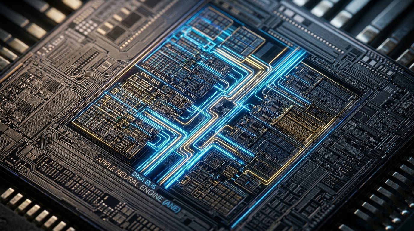 Macro silicon die teardown of Apple Silicon showing illuminated Apple Neural Engine compute blocks and high-speed DMA bus channels