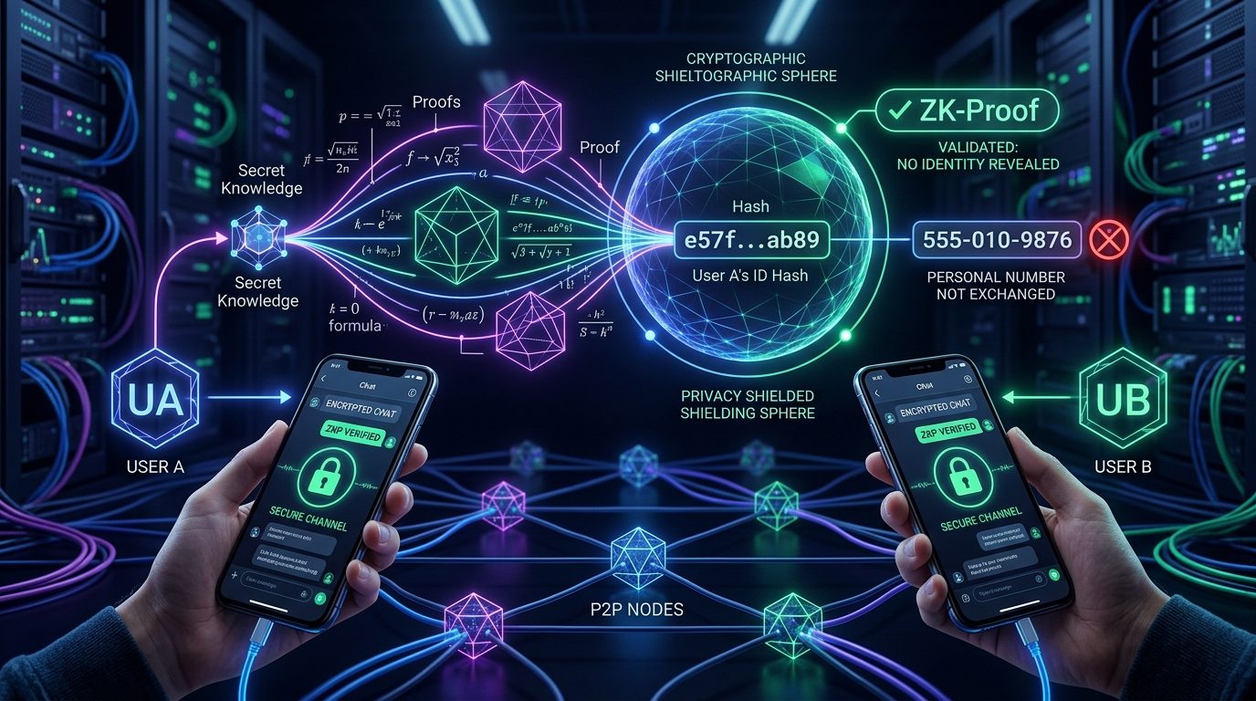 Cryptographic zero-knowledge proof visualization showing anonymous user identity hash validation and encrypted peer-to-peer mobile communications