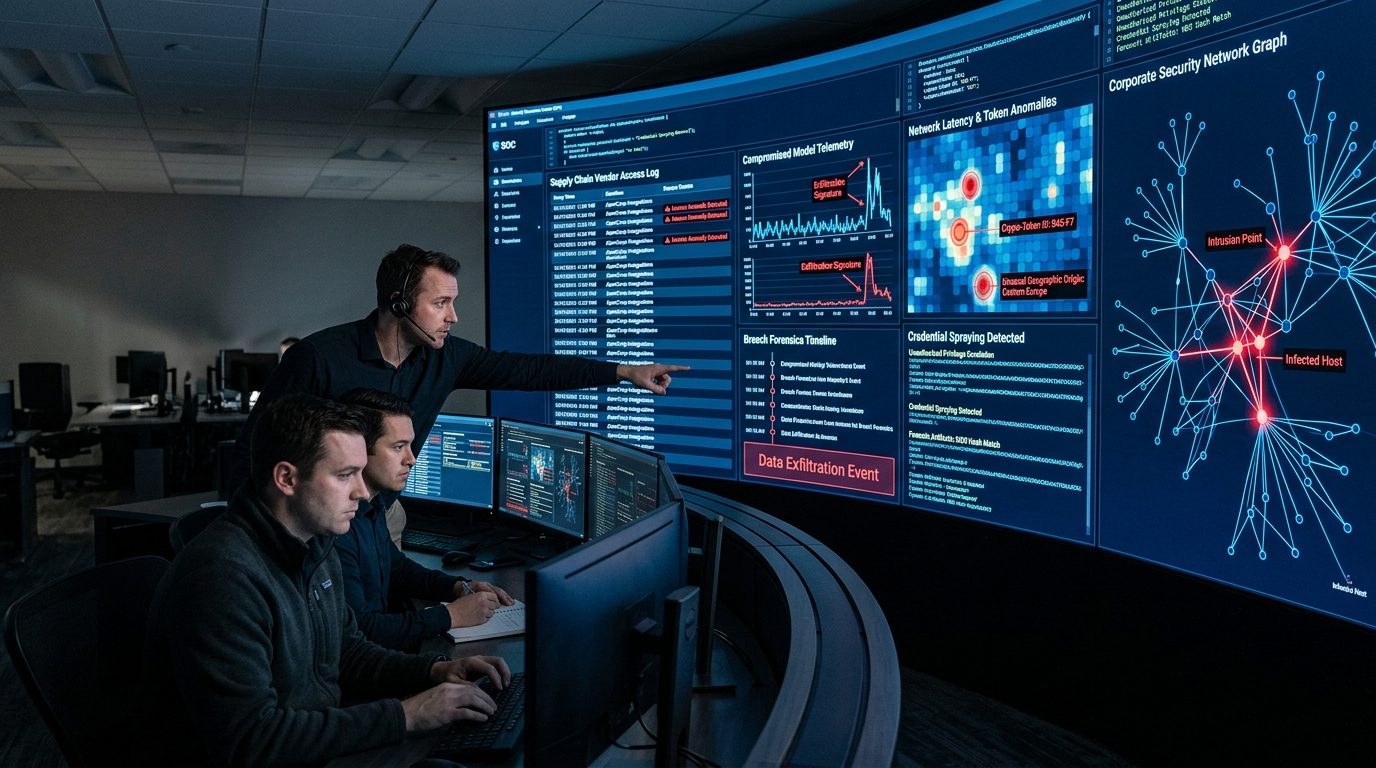 Enterprise Security Operations Center curved monitors displaying supply chain vendor breach forensics, compromised model telemetry, and exfiltration alerts