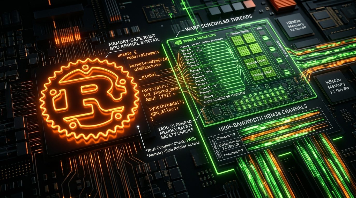 Glowing neon Rust gear logo alongside NVIDIA GPU Tensor Cores, warp scheduler threads, and memory-safe CUDA kernel syntax over high-bandwidth HBM3e channels