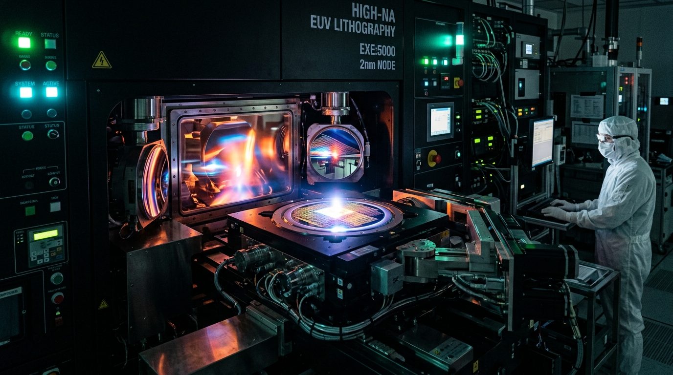 ASML High-NA EUV extreme ultraviolet lithography scanner inside Veldhoven cleanroom showing reflective optics and silicon wafer stage