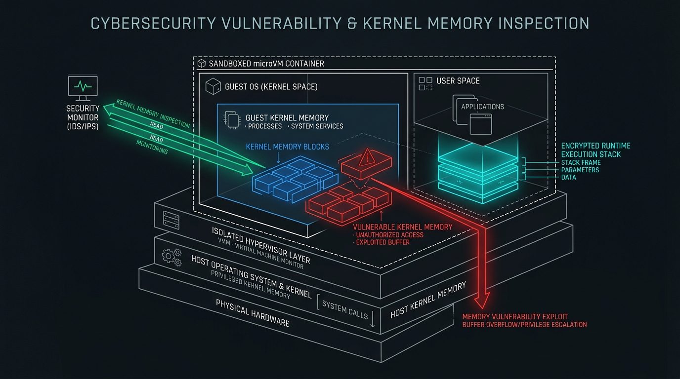 Digital security visualization depicting compromised sandboxed microVM container, unauthorized kernel memory dump, and exploited API endpoint