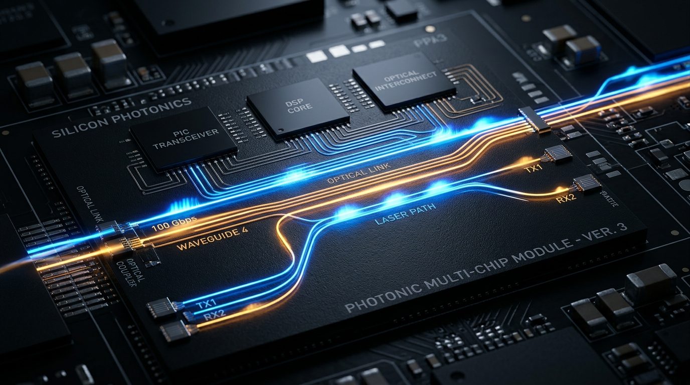 Silicon photonics microchip die with glowing microscopic optical waveguides, integrated laser transmitters, and co-packaged optical interconnects