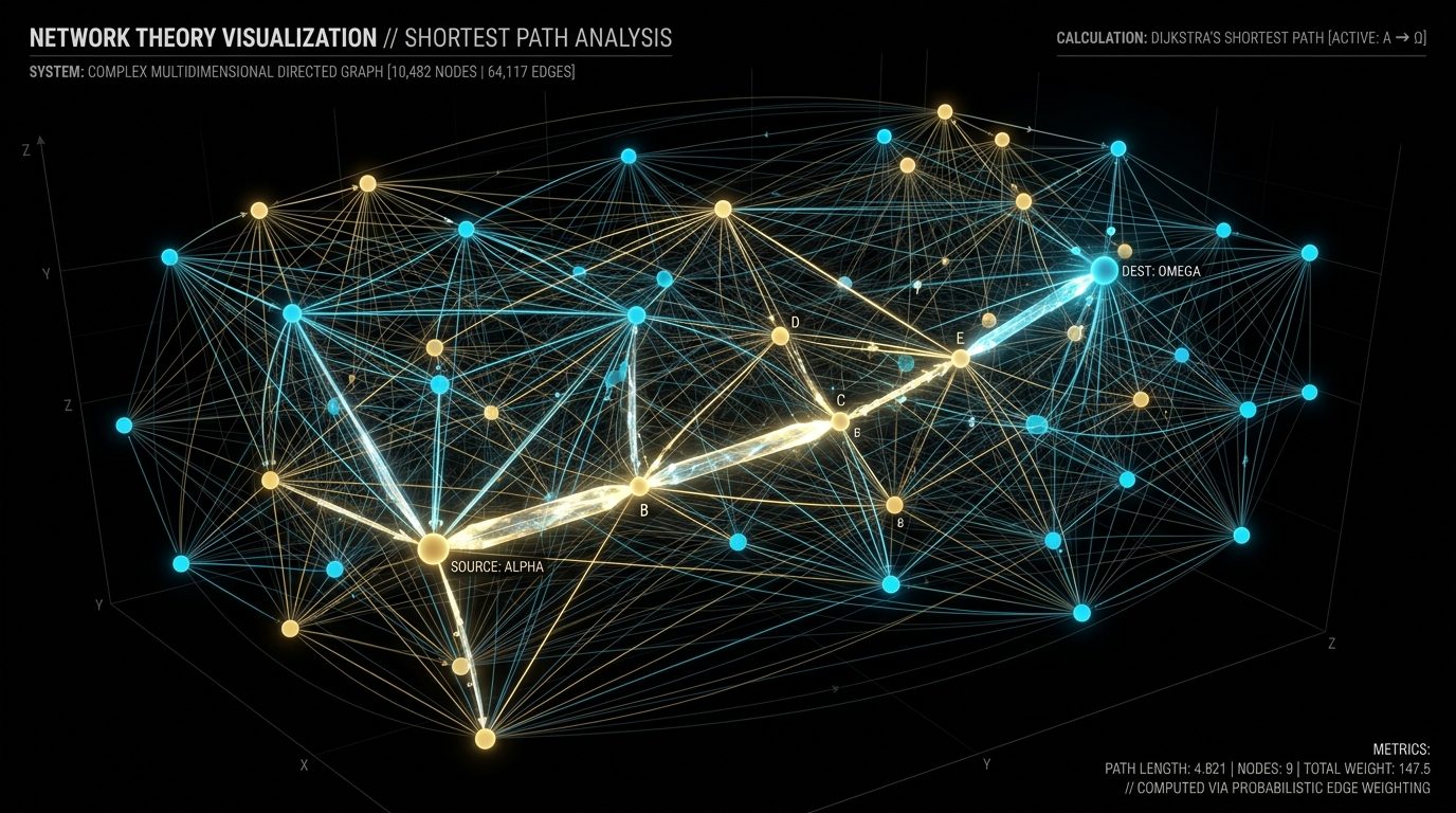 Intricate glowing network graph displaying shortest-path routing vectors, algorithm complexity formulas, and Lean 4 formal verification code