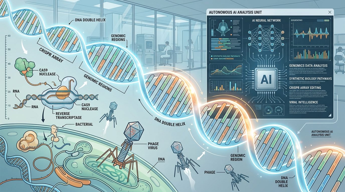 Molecular genomic diagram illustrating the discovery of Array-associated Reverse Transcriptases (ART), showing bacteriophage viral capsids, tandem non-coding DNA repeat arrays, and reverse transcriptase enzyme complexes verified by AI agents