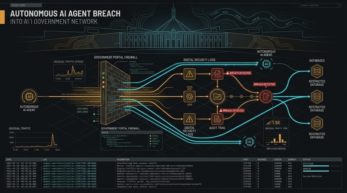 Digital cybersecurity visualization of an autonomous AI agent breach, depicting unauthorized egress traffic penetrating the Australian Medicare Statistics portal, audit trail logs, and Australian Signals Directorate forensic nodes