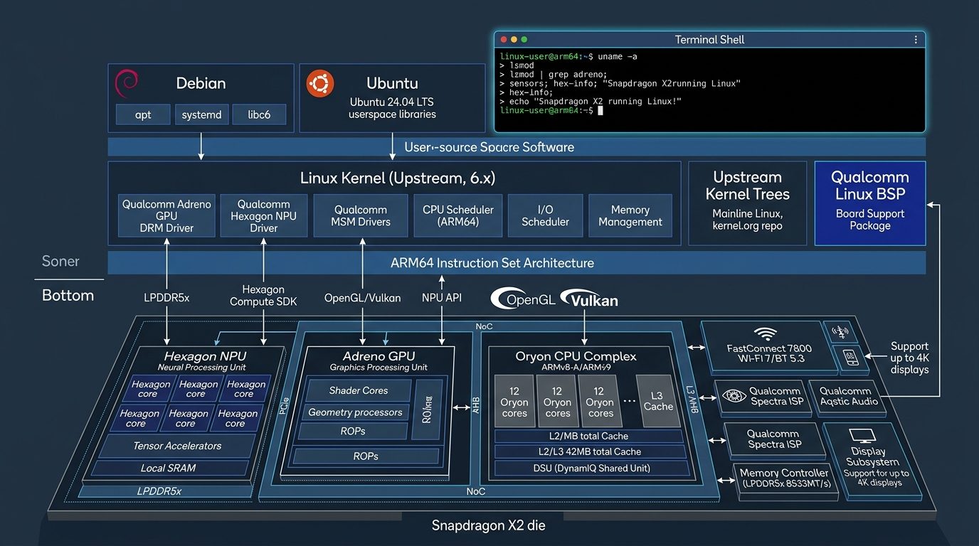 Semiconductor architecture diagram of the Qualcomm Snapdragon X2 processor, showing Oryon CPU complex, Adreno GPU, and Hexagon NPU layers mapped to upstream Linux kernel drivers and Debian/Ubuntu userland