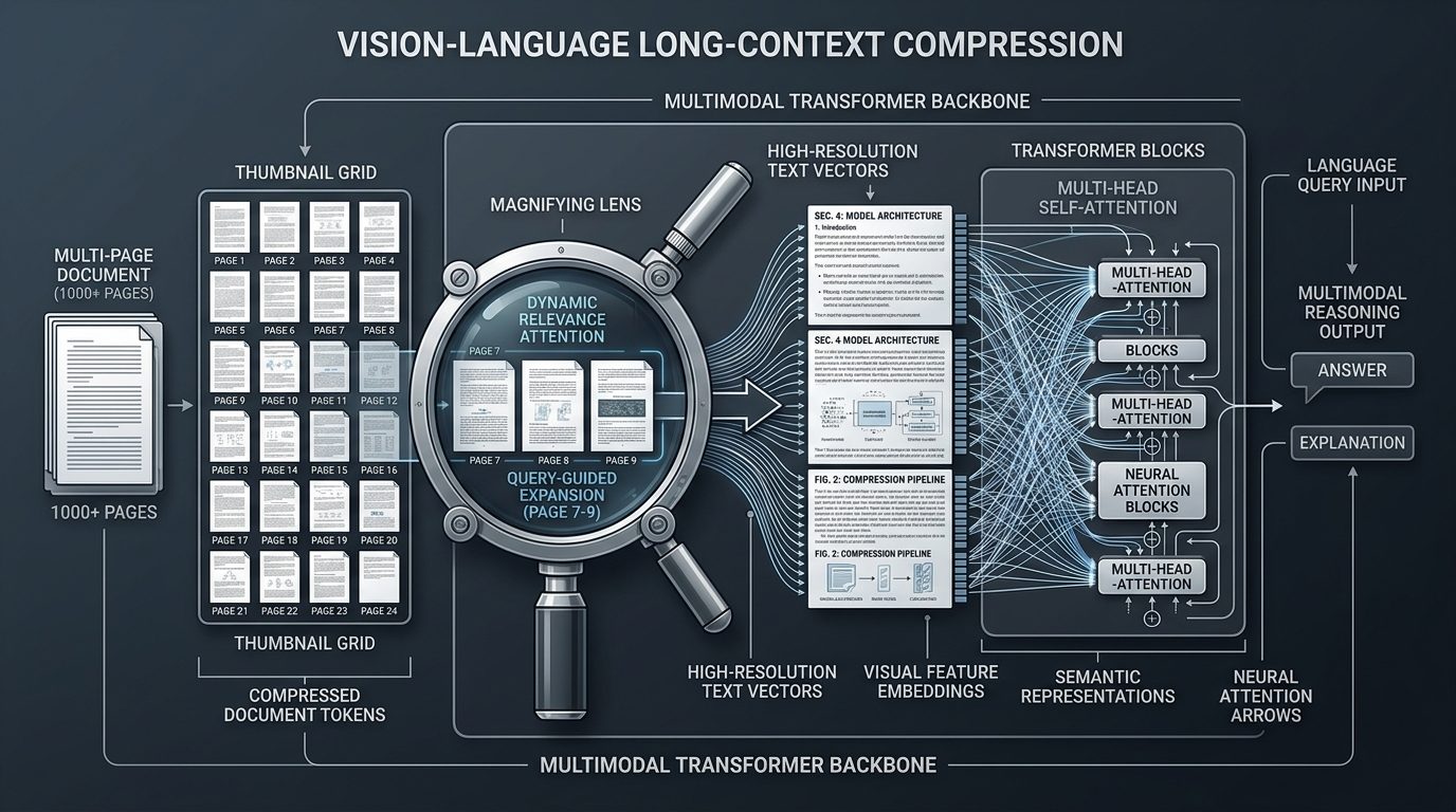 Technical deep learning diagram of Apple LensVLM-9B illustrating multi-page document thumbnail grid compression, dynamic magnifying lens relevance attention, and high-resolution text vector selective expansion