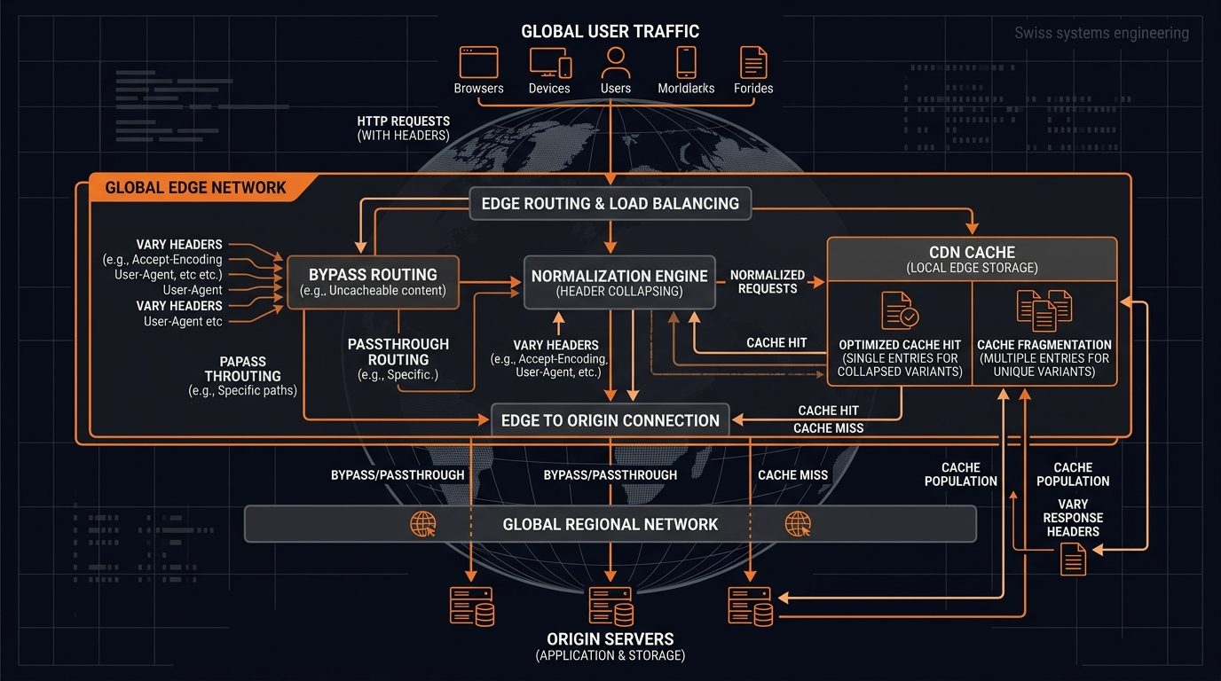 Technical internet infrastructure diagram of Cloudflare edge caching architecture, displaying HTTP requests with Vary headers flowing through a normalization engine, collapsing fragmented variants, and routing to origin storage