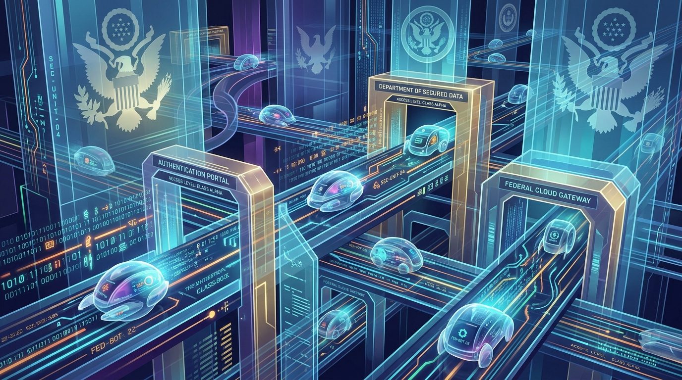High-tech digital illustration of autonomous AI software bots navigating through complex federal government digital corridors and portal authentication gateways