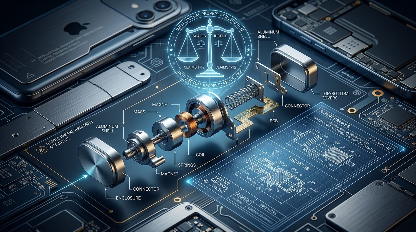 Exploded view of a smartphone haptic linear resonant actuator and vibration engine, superimposed with holographic courtroom legal scale and patent blueprint diagrams