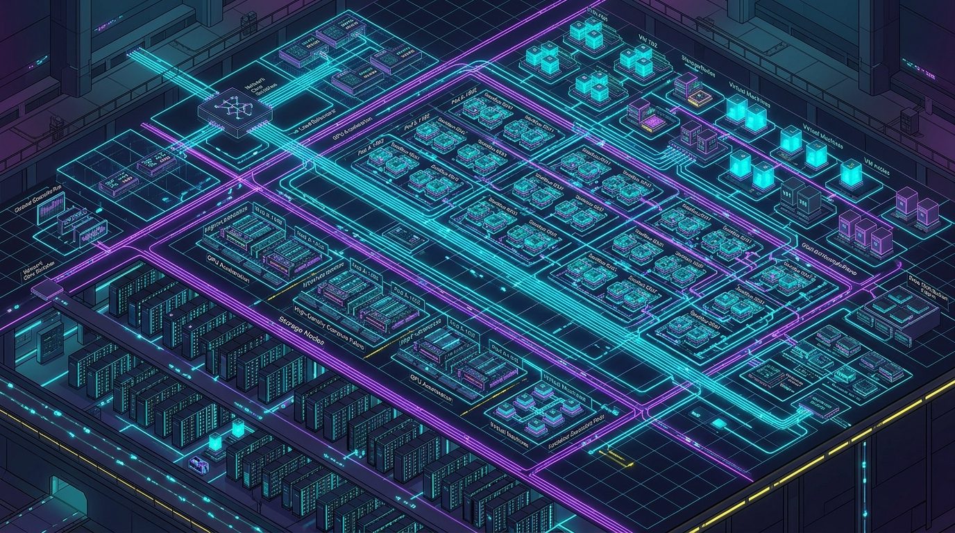 Isometric architectural visualization of DeepSeek DSec ultra-scale distributed computing architecture with thousands of isolated micro-sandboxes and virtual machines
