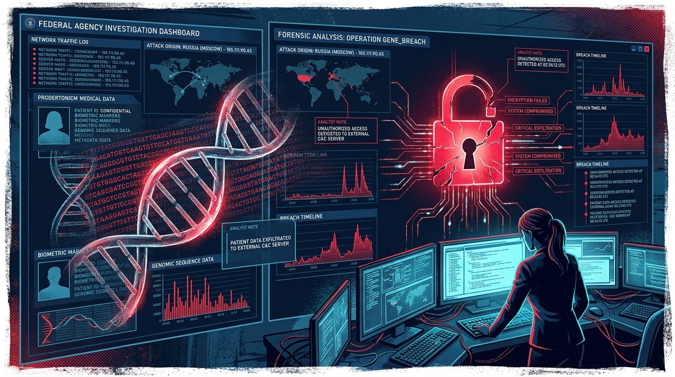 Cybersecurity forensics illustration depicting biometric medical data and DNA helix graphs superimposed on a classified federal agency investigation interface