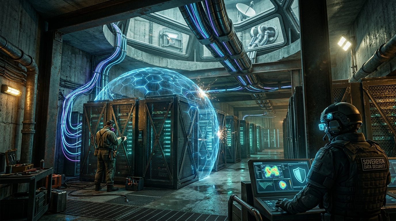 Cinematic editorial visual showing a resilient underground fortified sovereign data center facility with fiber lines connecting to satellite uplinks