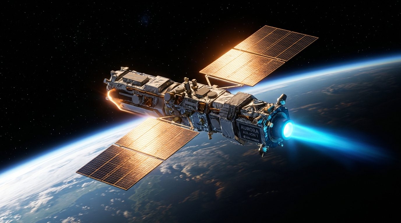 Photorealistic render of a cutting-edge low Earth orbit satellite equipped with an air-breathing electric propulsion ion thruster glowing neon blue plasma