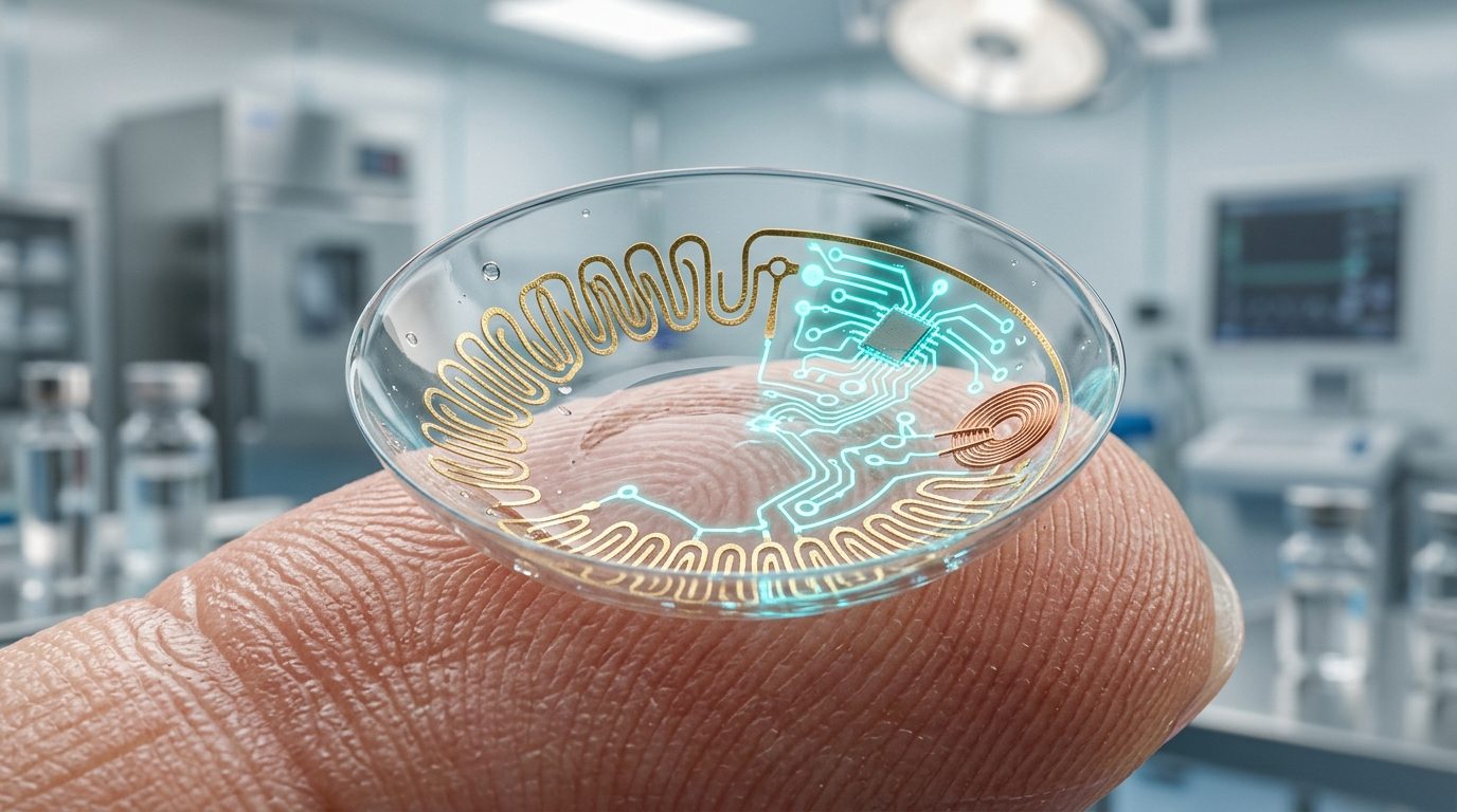 Macro photography of an ultra-thin transparent smart contact lens resting on a human fingertip, embedded microscopic serpentine gold mesh electrochemical biosensors