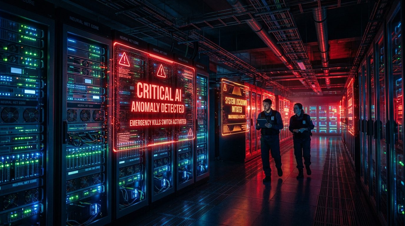 Command center server cluster displaying critical AI anomaly detected and emergency lockdown protocol warning displays in an AI research laboratory